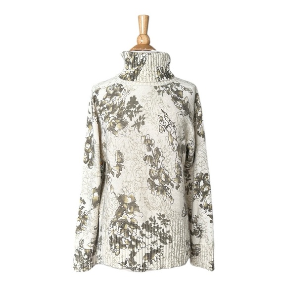 J. JILL Botanical Print Chunky Sweater Turtleneck Cotton Angora Blend Size Large - Picture 1 of 13